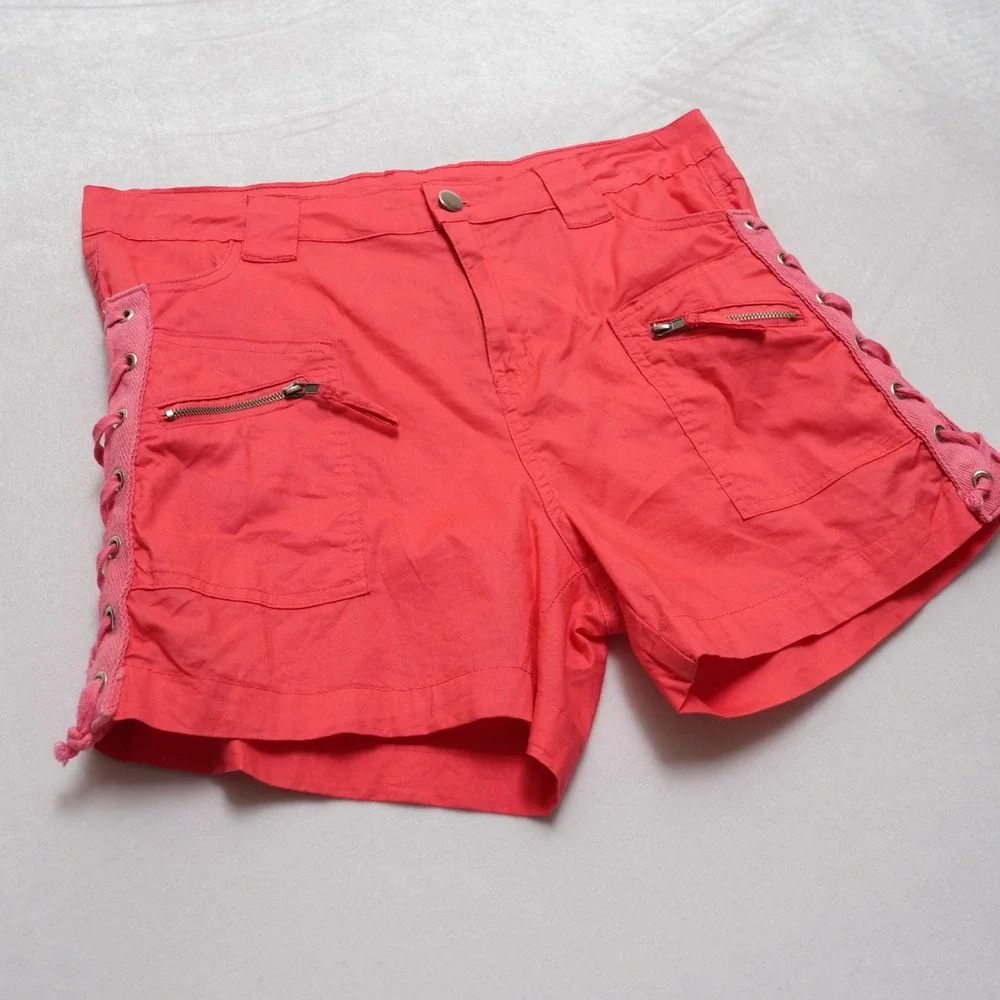 Helium London Side Laced‎ Shorts Womens Large Red 6-Pocket Utility Cargo
